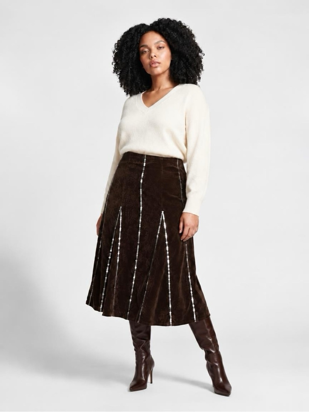 Soft Surroundings 1X Brown Cotton Skirt with Bronze Sequin Embellishment